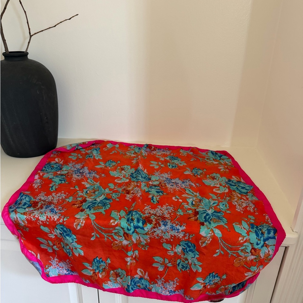 Floral Silk Scarf - Vibrant Orange and Blue